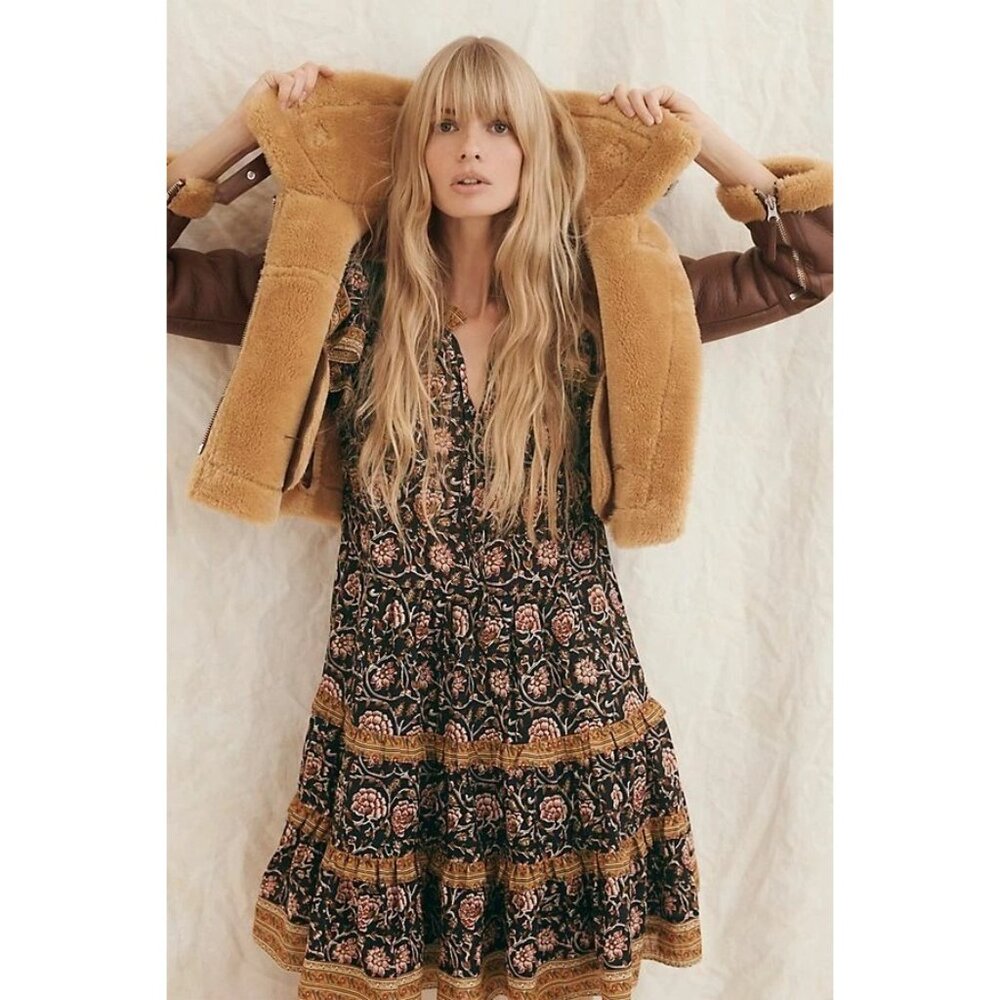 Anthropologie Almeria Ruffled Mini Dress By Othilia Cotton Black/Floral Print Ru